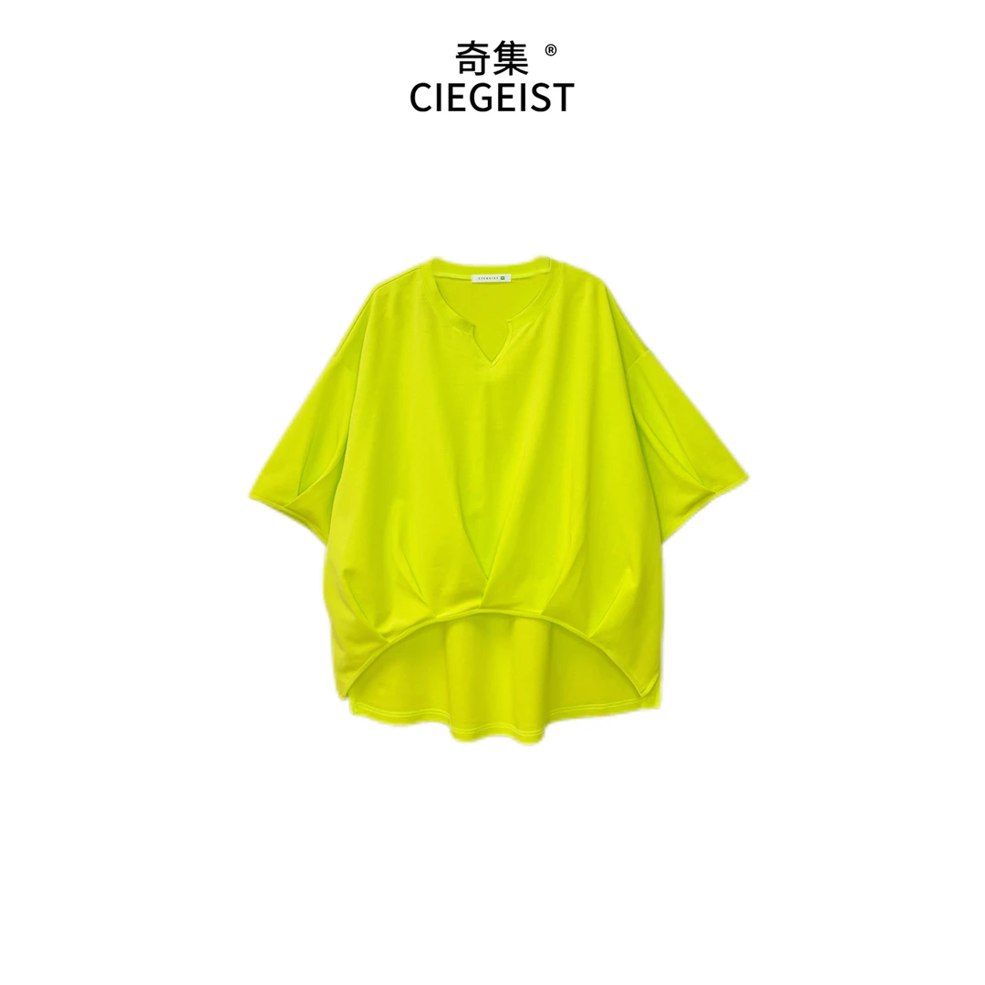2025夏装设计师款宽松大版不规则洋气百搭时尚落肩V领短袖T恤6044