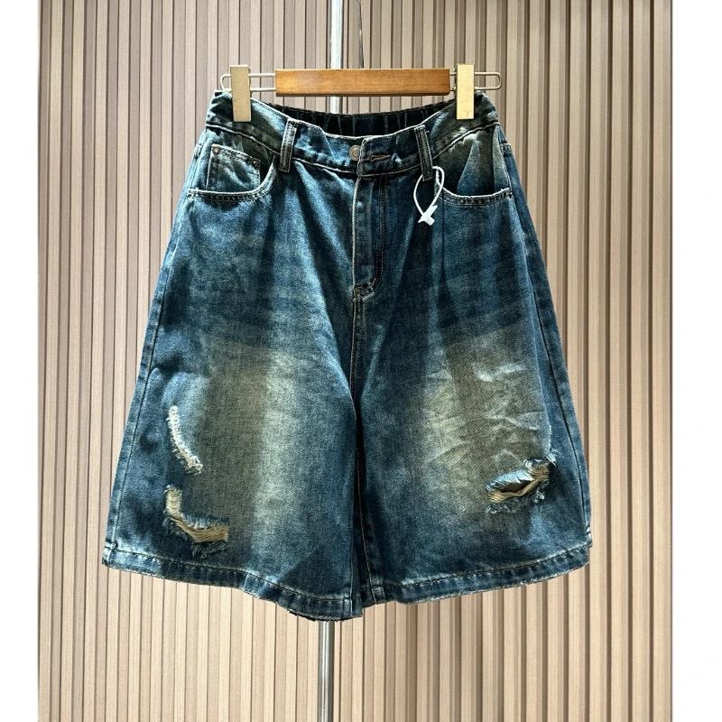 阔腿裤裤子微弹力复古水洗透气短裤女宽松直筒五分裤牛仔裤做旧