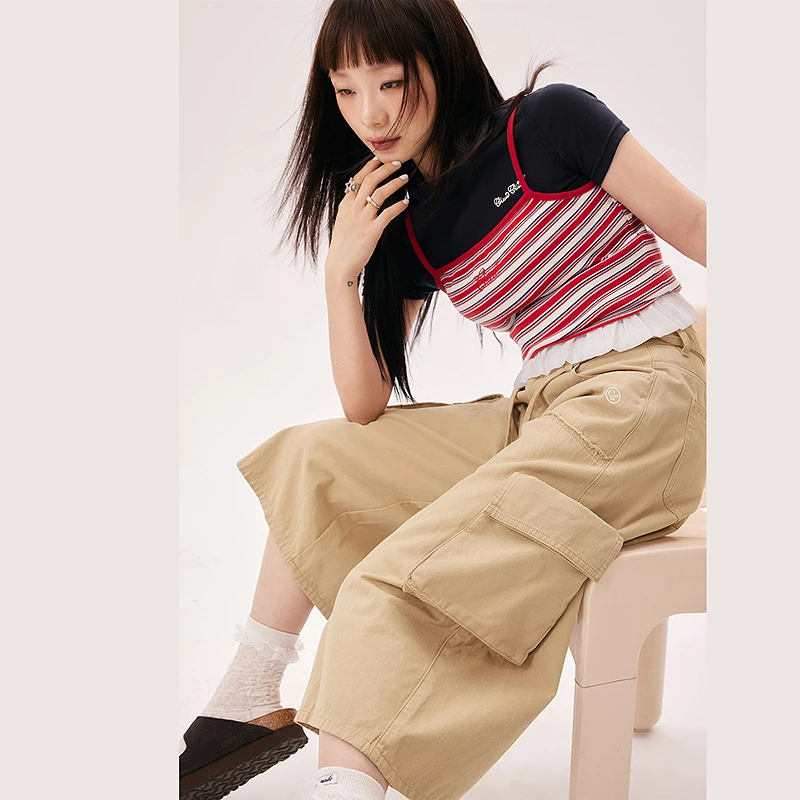 CHUU春季女装商场同款字母刺绣度假风简约工装慵懒风设计休闲裤