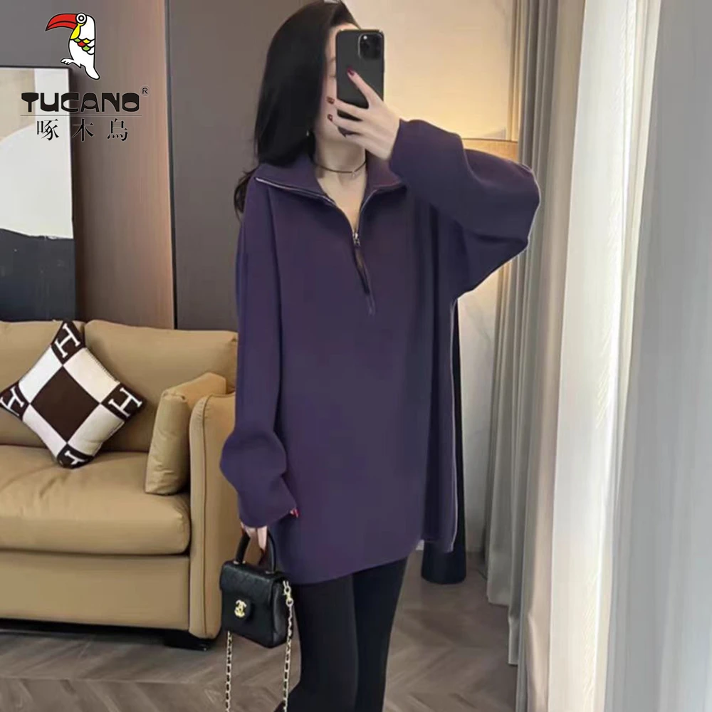 啄木鸟纯色立领半拉链卫衣2024新款春秋宽松慵懒风设计中长款上衣