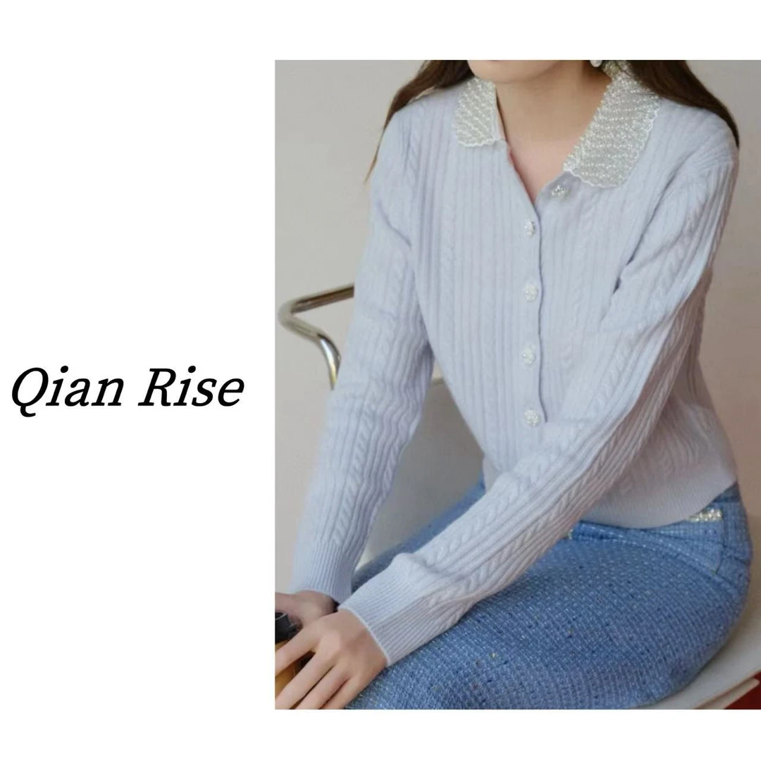 千瑞姿 -「珍珠长袖」25春款针织翻领小香风针织衫气质百搭时髦高级
