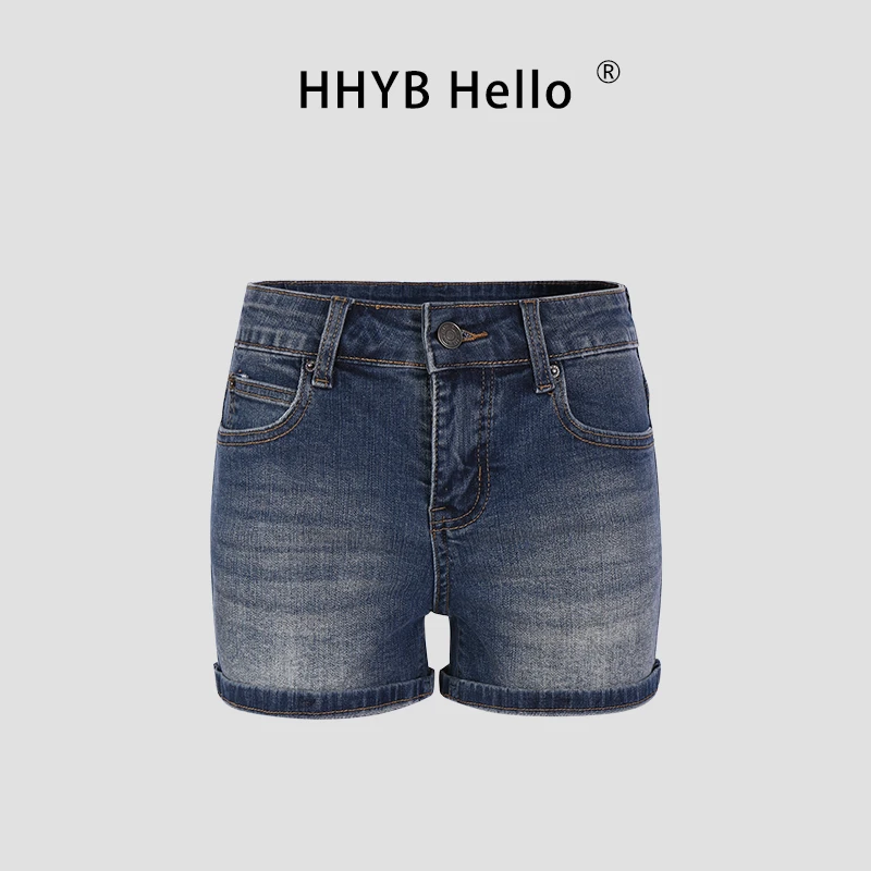 HHYB Hello2025夏新款褶皱猫须中低腰卷边牛仔水洗短裤女Q254223