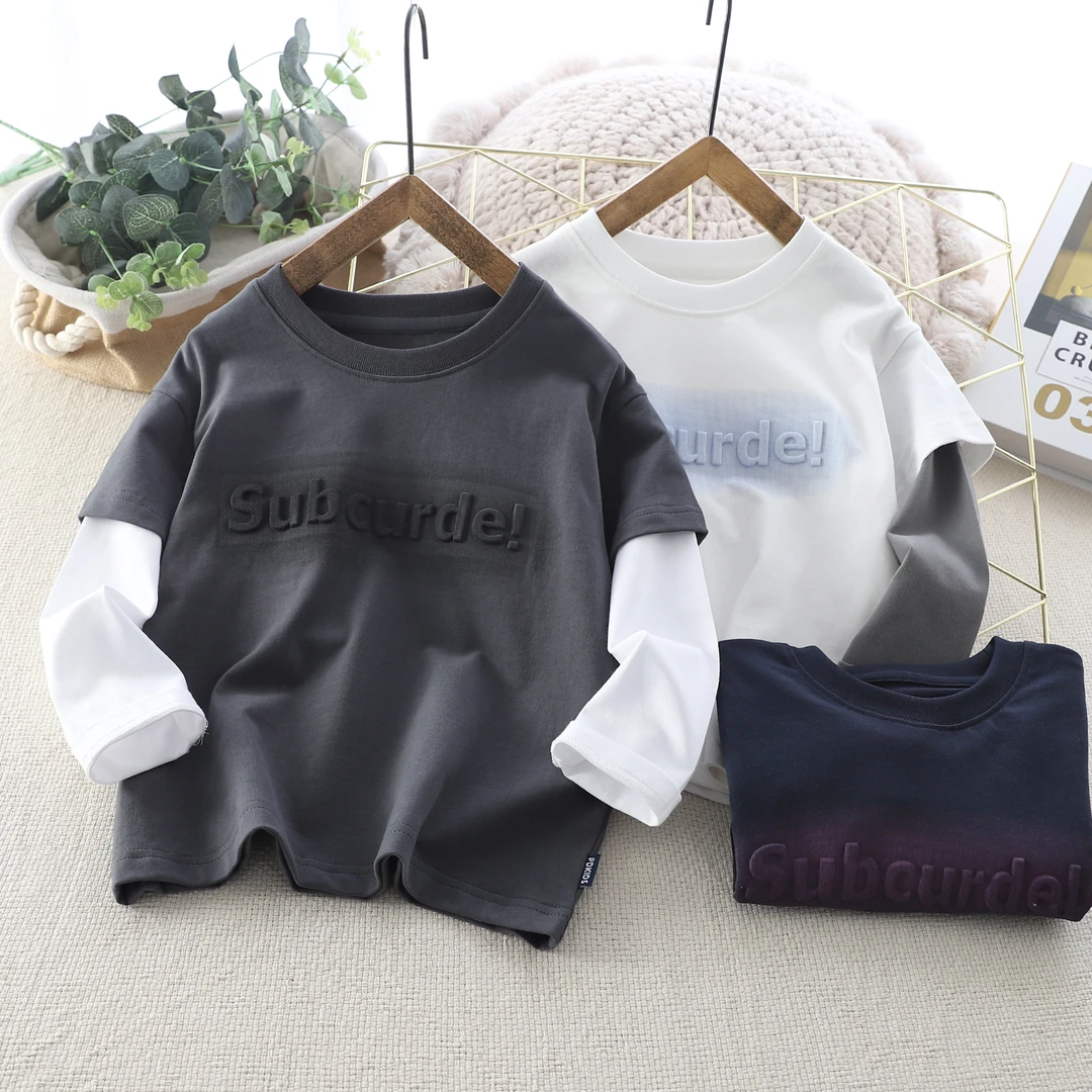 儿童中大童春新款长袖假两件卫衣23QS02圆领打底休闲简约洋气百搭