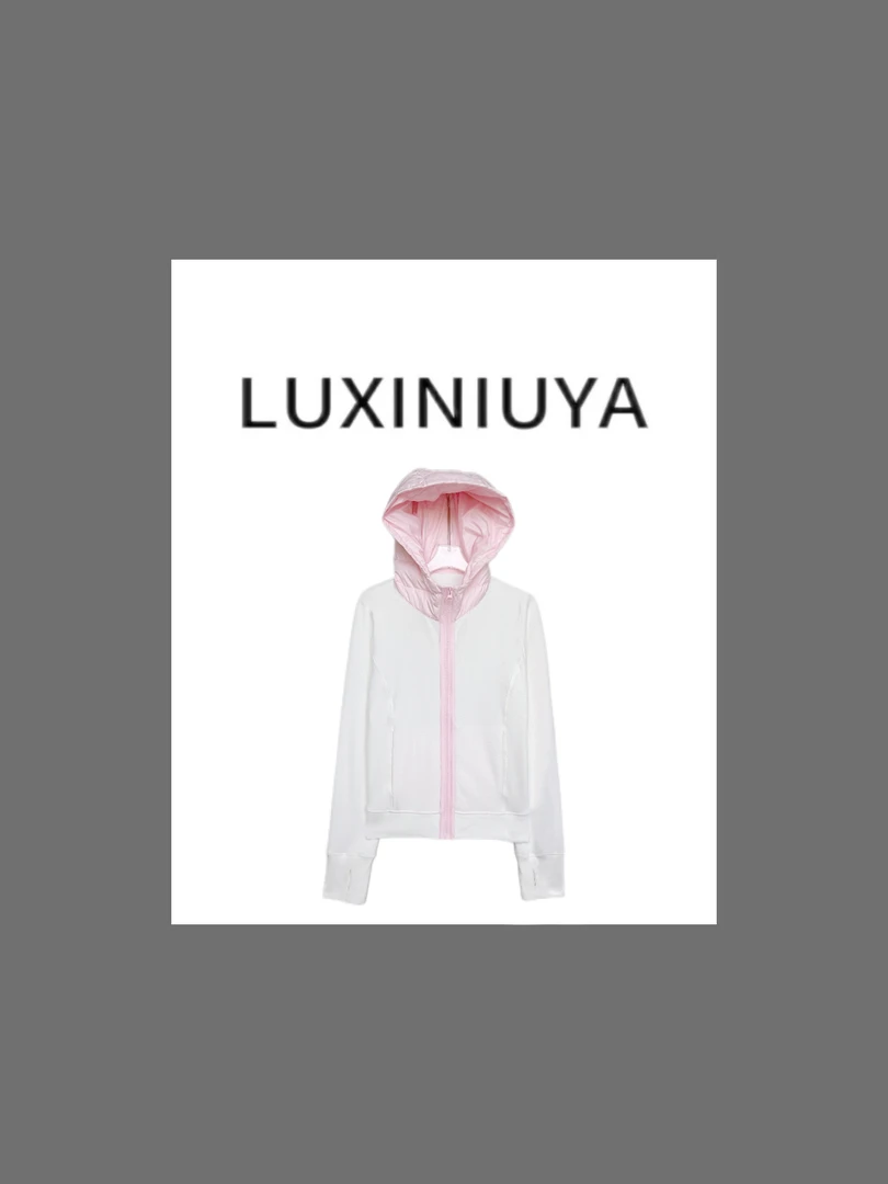 【LUXINIUYA】果汁软糖 新款刺绣撞色羽绒连帽磨毛上衣#QDS456