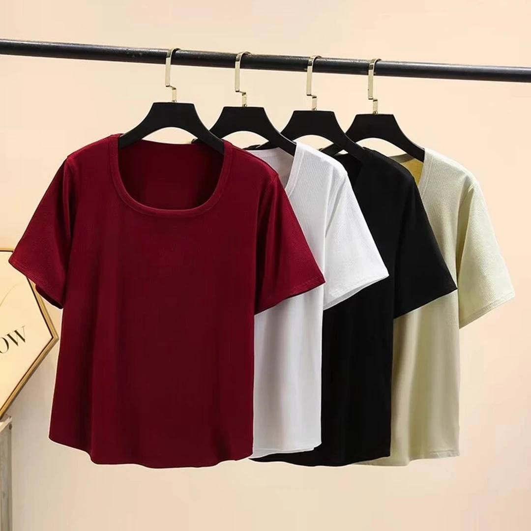 KSS5201简约纯色U型领基础款T恤大码女装百搭短袖上衣休闲风夏季