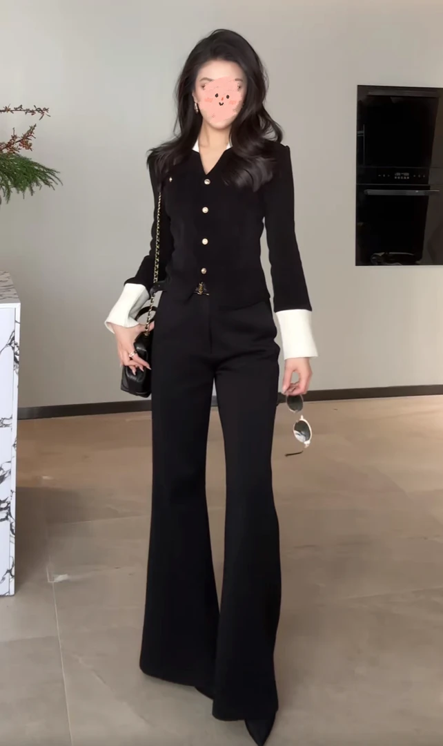 秋冬气质撞色V领针织开衫女小众设计感慵懒风时尚百搭显瘦上衣