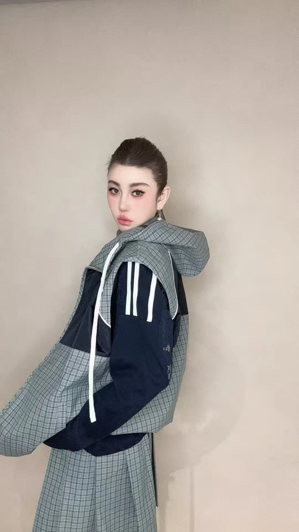 【HAV】新款时髦连帽格纹拼接马甲 中高腰格纹半身裙套装