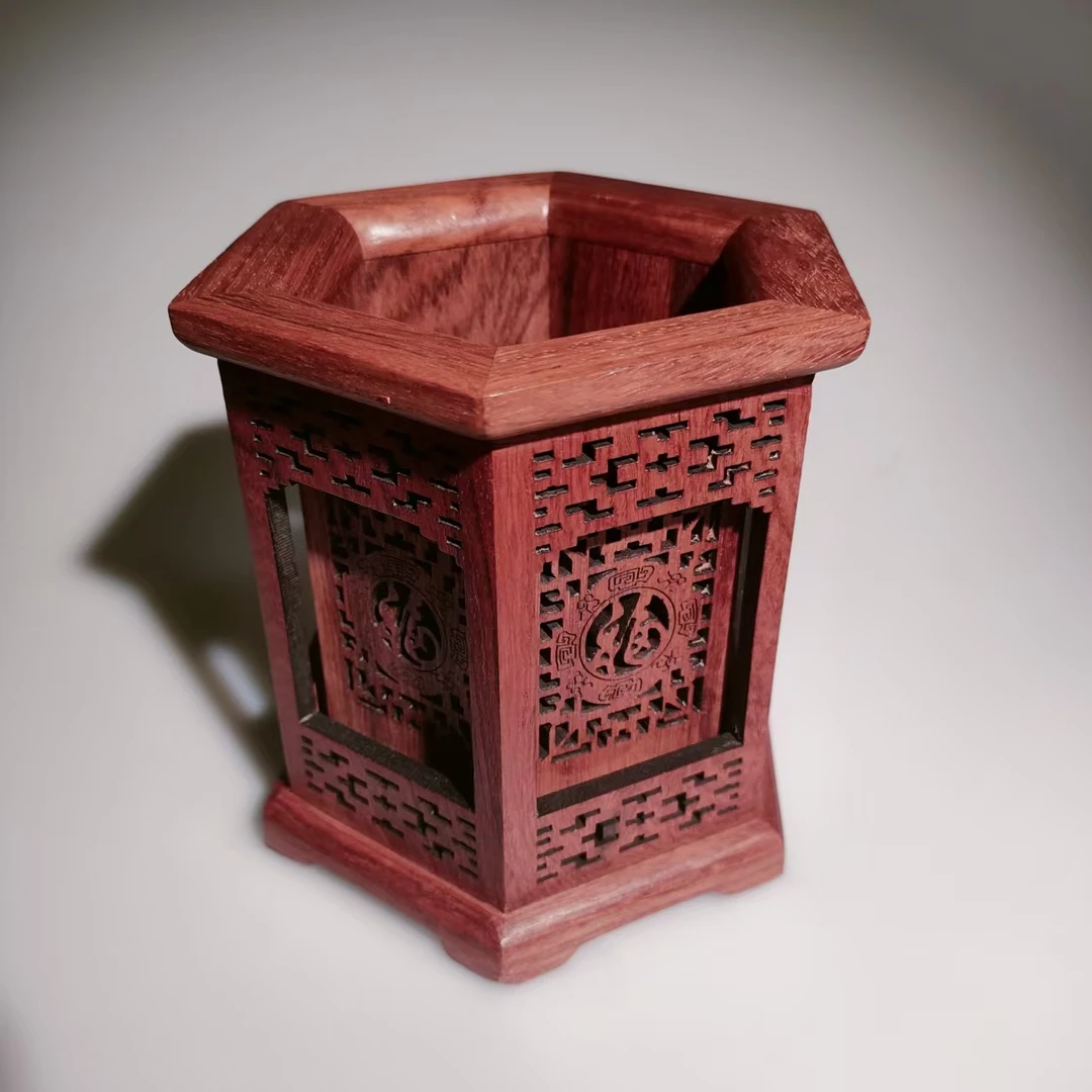 缅甸花梨木六角雕刻福字笔筒