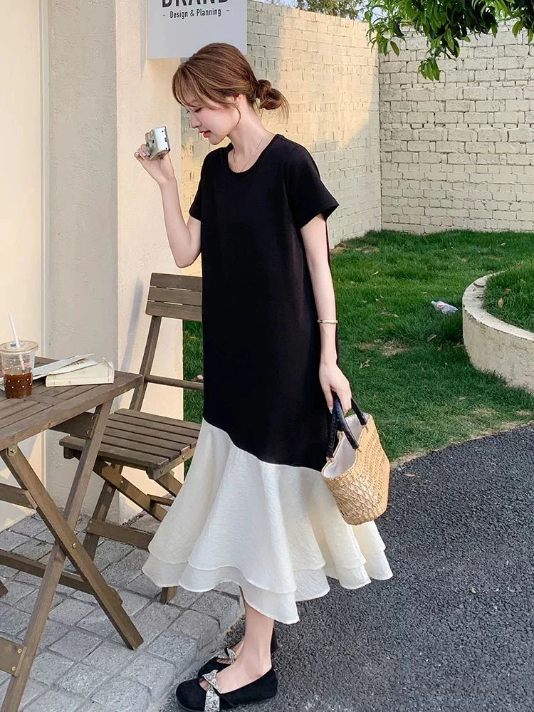 法式赫本风拼接下摆网纱连衣裙女2025夏季新款宽松显瘦气质中长裙
