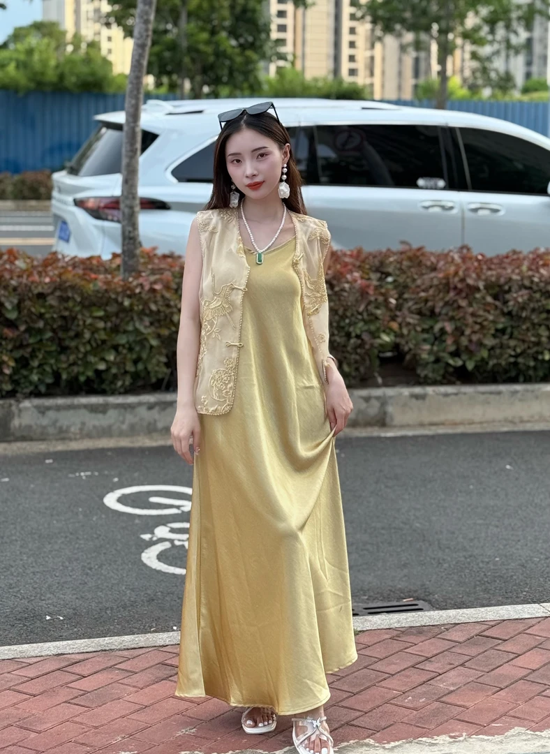 夏季新中式醋酸缎面吊带连衣裙＋马甲套装2837