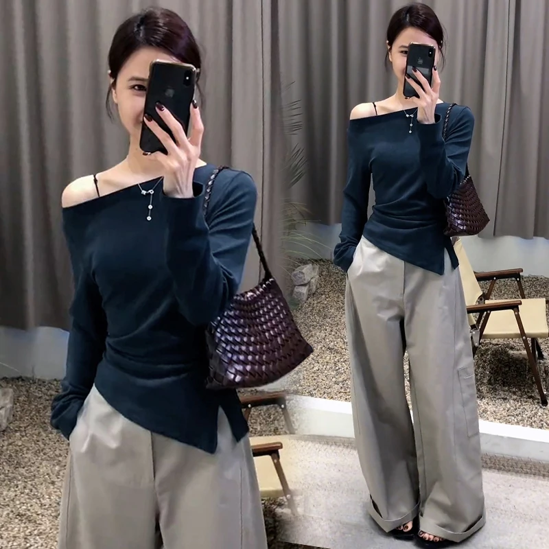 高含棉设计感斜领露肩长袖t恤女2025年春秋新款减龄气质显瘦上衣