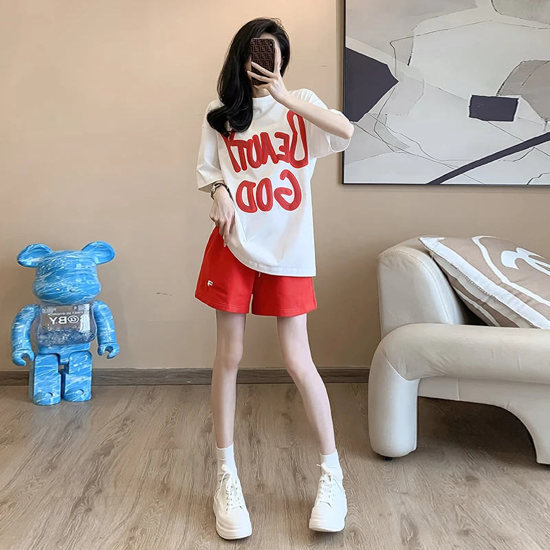 欧货时尚休闲运动套装女2025夏季宽松字母T恤短袖短裤显瘦两件套