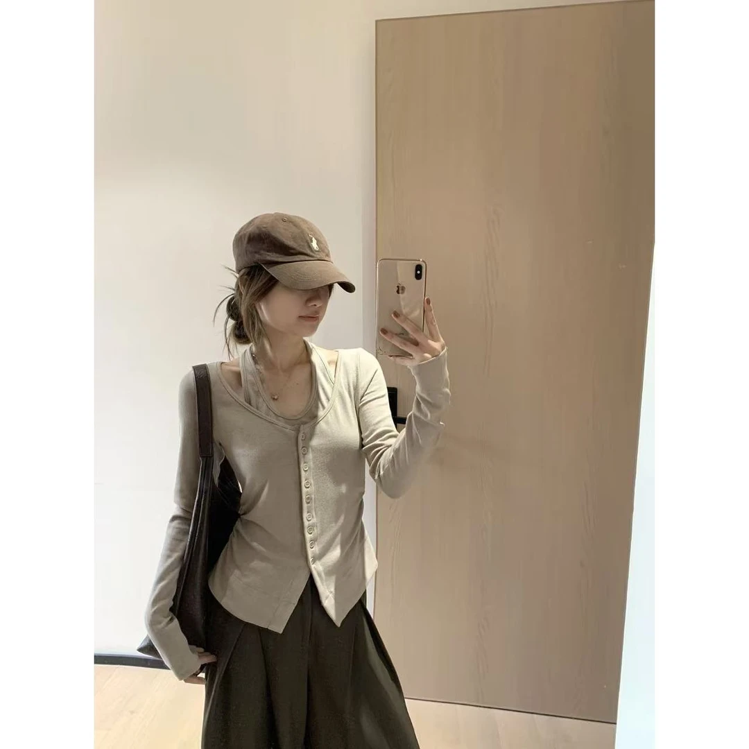 韩11高级感挂脖圆领假两件长袖t恤女小个子褶皱收腰显瘦百搭上衣
