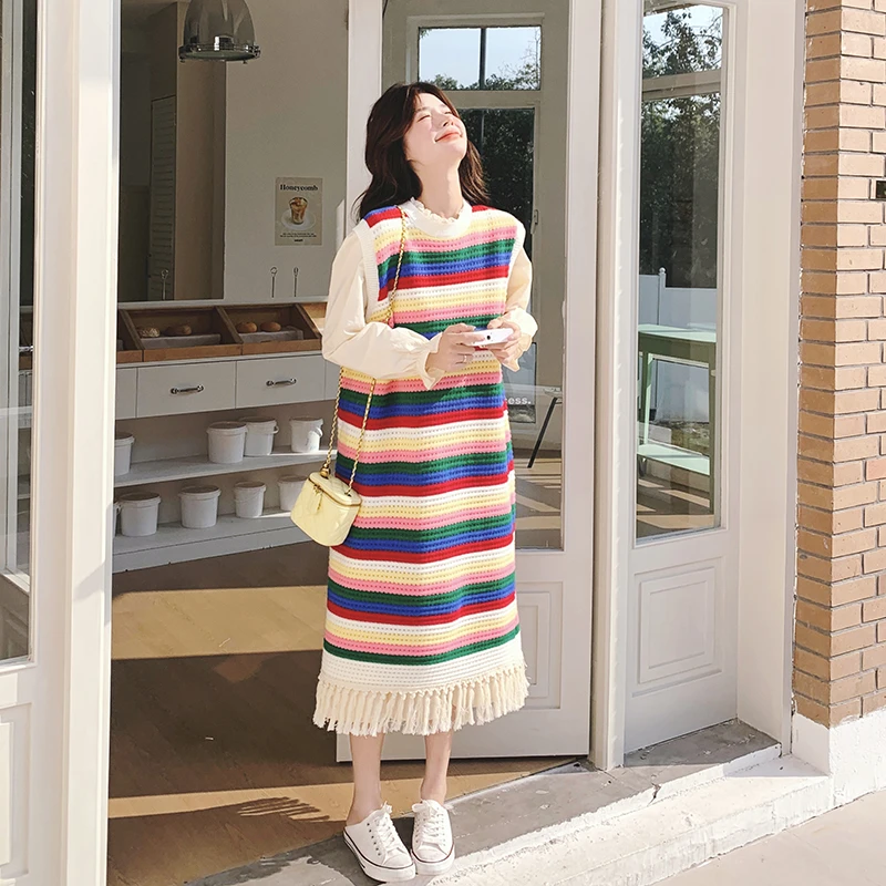 彩色条纹流苏背心裙女2025春季新款加厚马甲裙韩系叠穿无袖连衣裙