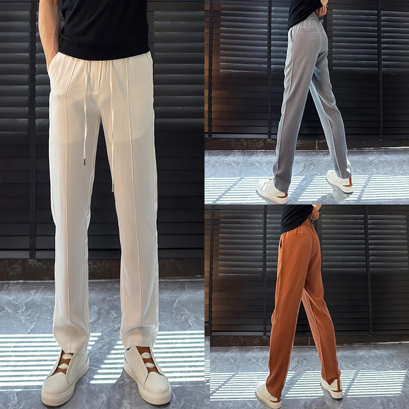 【垂顺亲肤】夏季新款莱赛尔亚麻混纺老钱风男士直筒休闲裤纯色极简