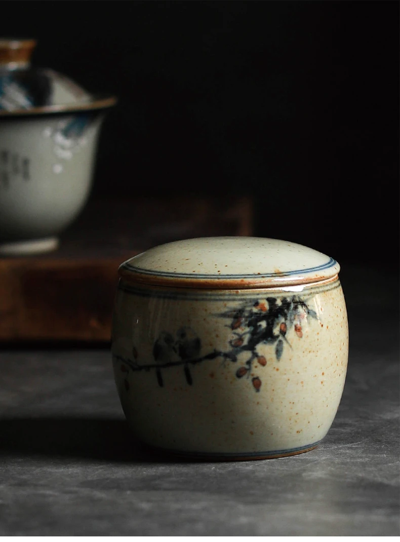 仿古手绘青花茶叶罐 陶瓷小号茶叶盒空盒高档储密封罐醒茶罐