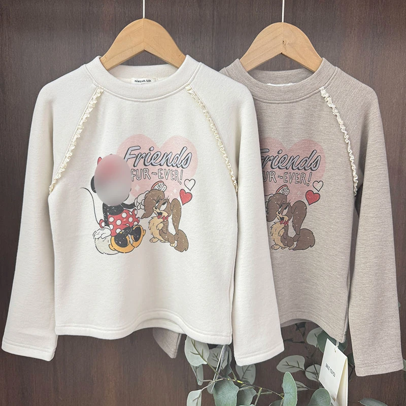 【厚实深秋款】女童慕斯绒软糯花边印花T恤 半高领套头打底衫内搭冬