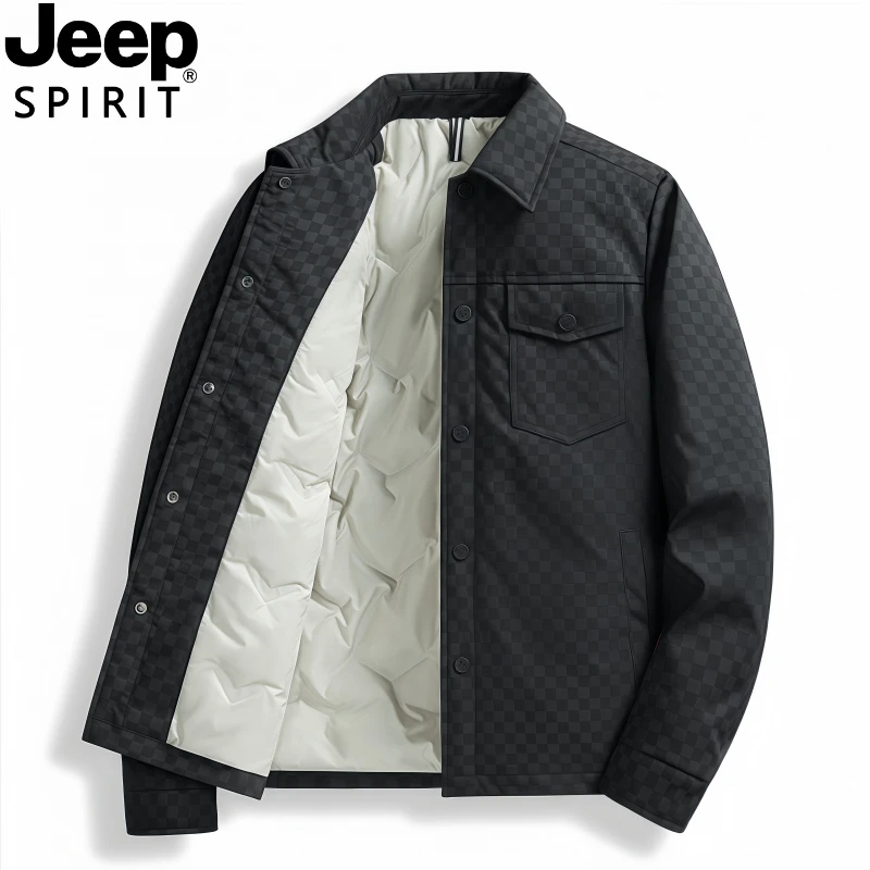 JEEPSPIRIT吉普棋盘格羽绒服加厚防风保暖羽绒外套男休闲翻领夹克