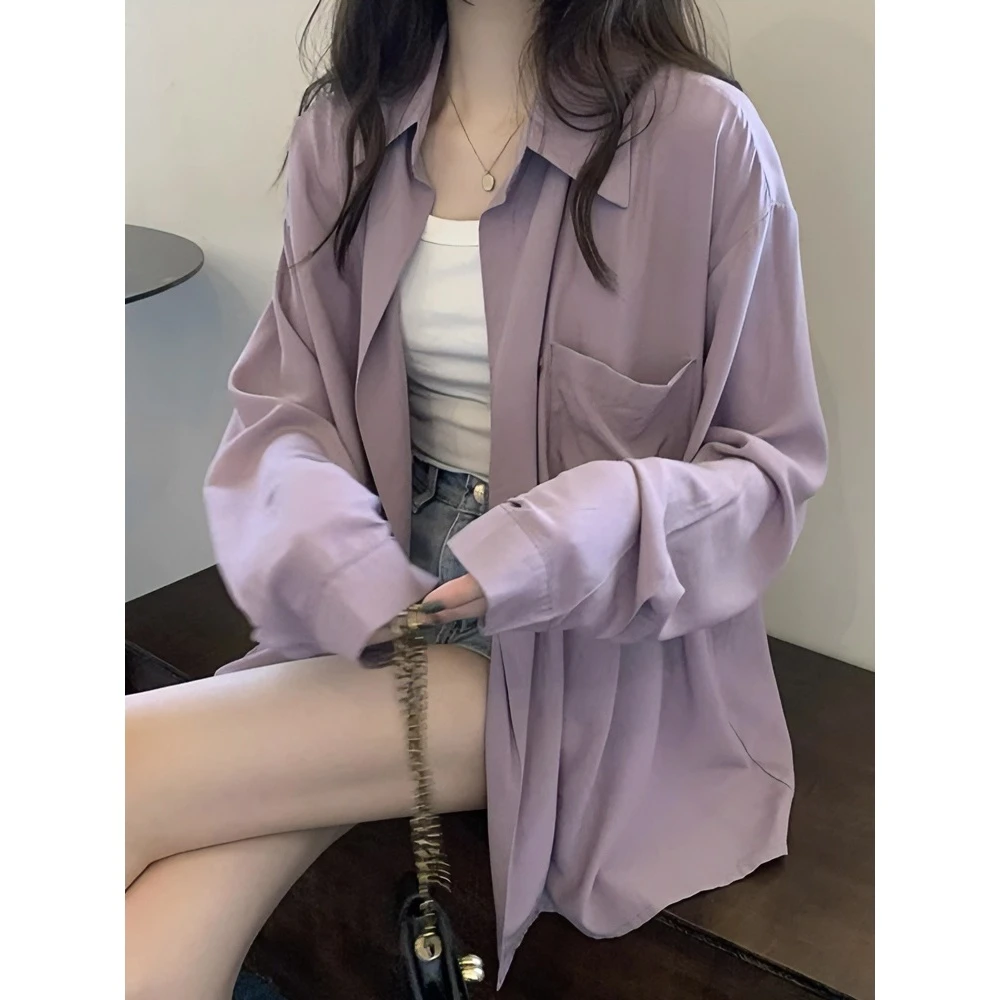 设计感紫色长袖防晒衬衫女夏季外搭开衫高级感衬衣松弛感宽松上衣