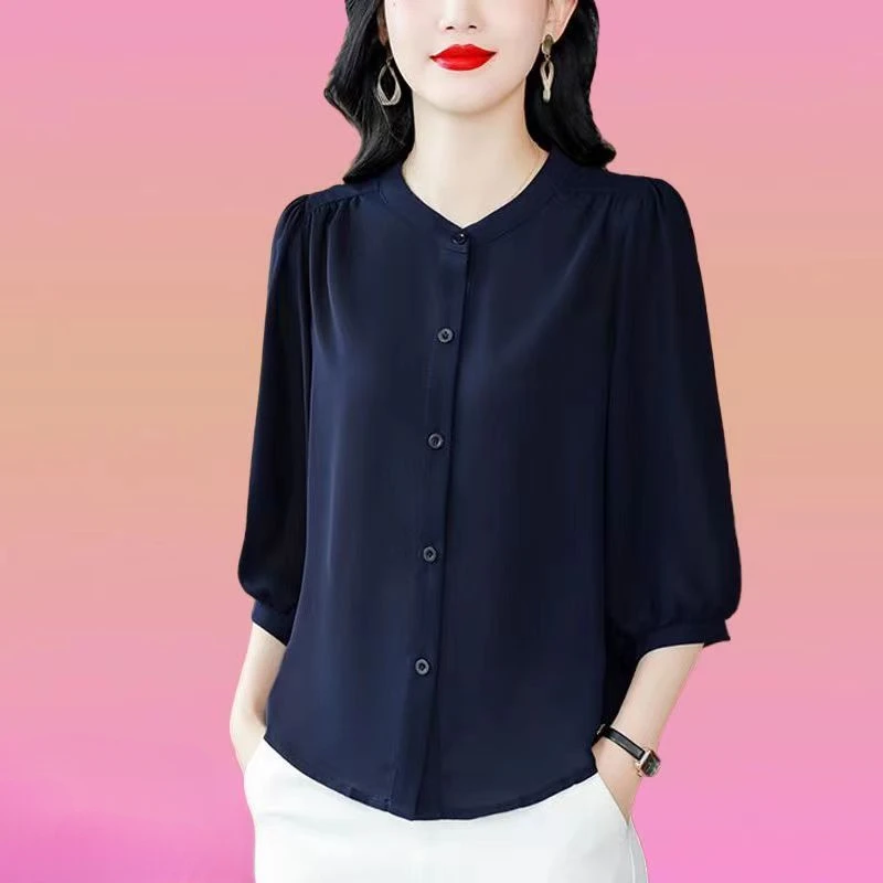 工厂直销杭州雪纺衬衫女夏新款七分袖小衫纯色减龄妈妈洋气上衣