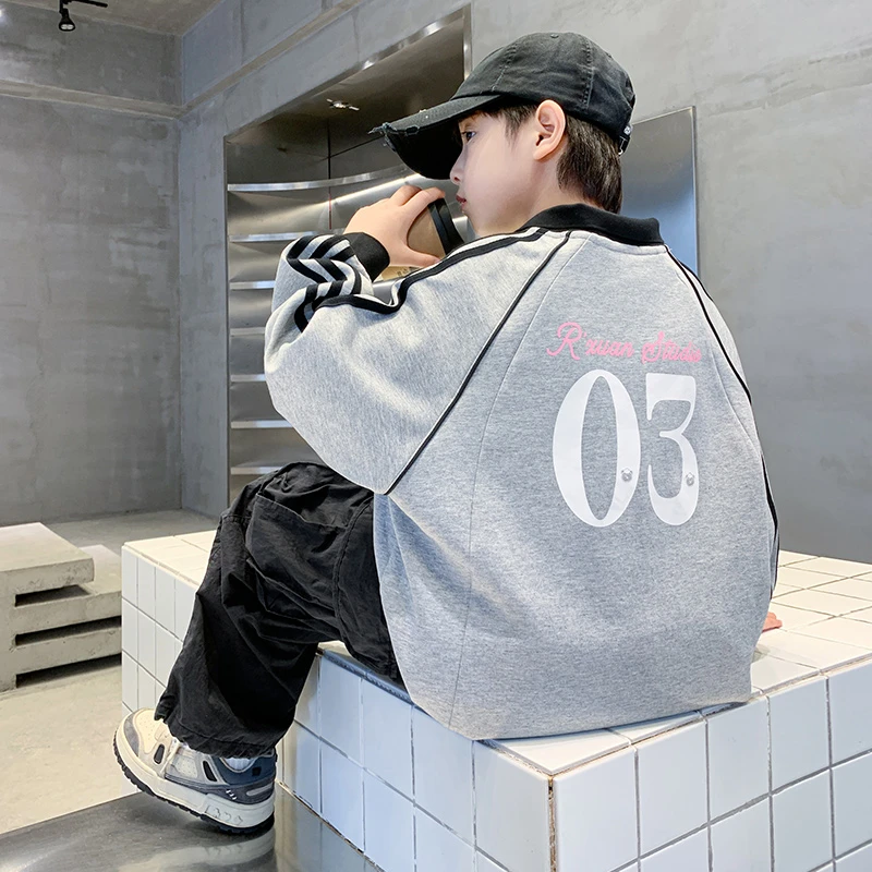 男童灰色拉条字母POLO领卫衣春秋潮款儿童运动休闲翻领上衣中大童
