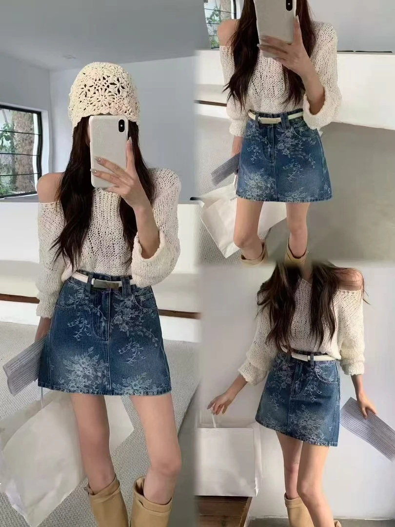 【9067】#设计感提花高腰牛仔半身裙