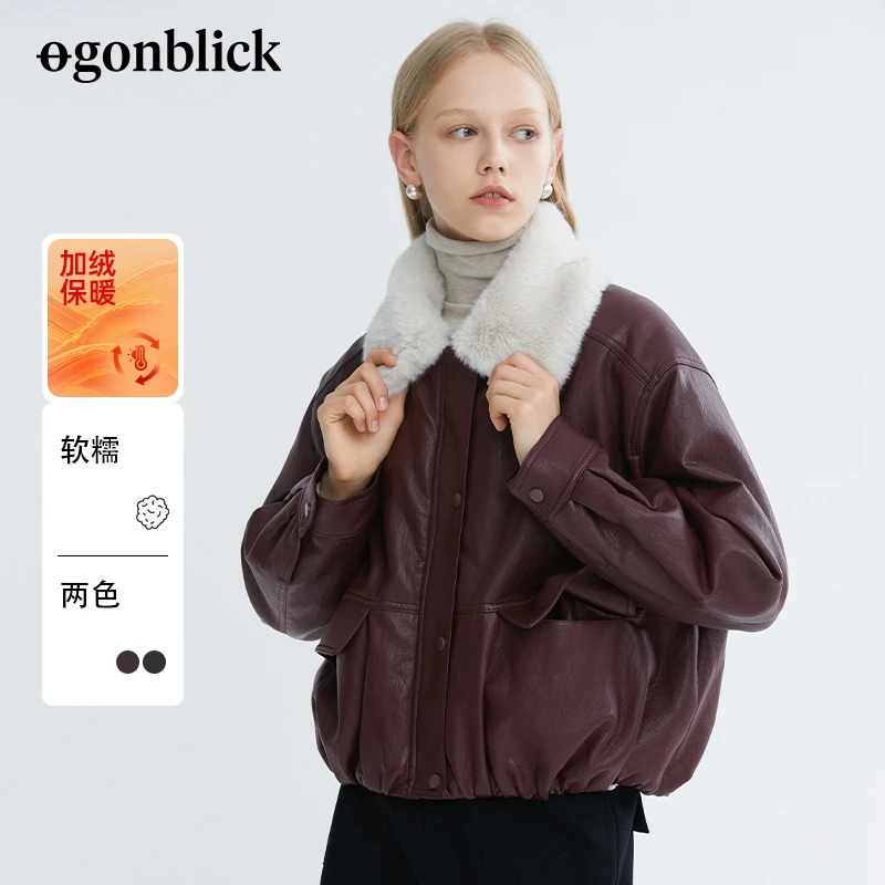 【北欧时刻】2024冬季新款美式复古毛绒翻领皮夹克加绒长袖保暖外套