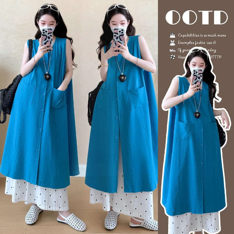 时尚孕妇2025夏季新品洋气宽松蓝色无袖衬衣白色波点裤两件套