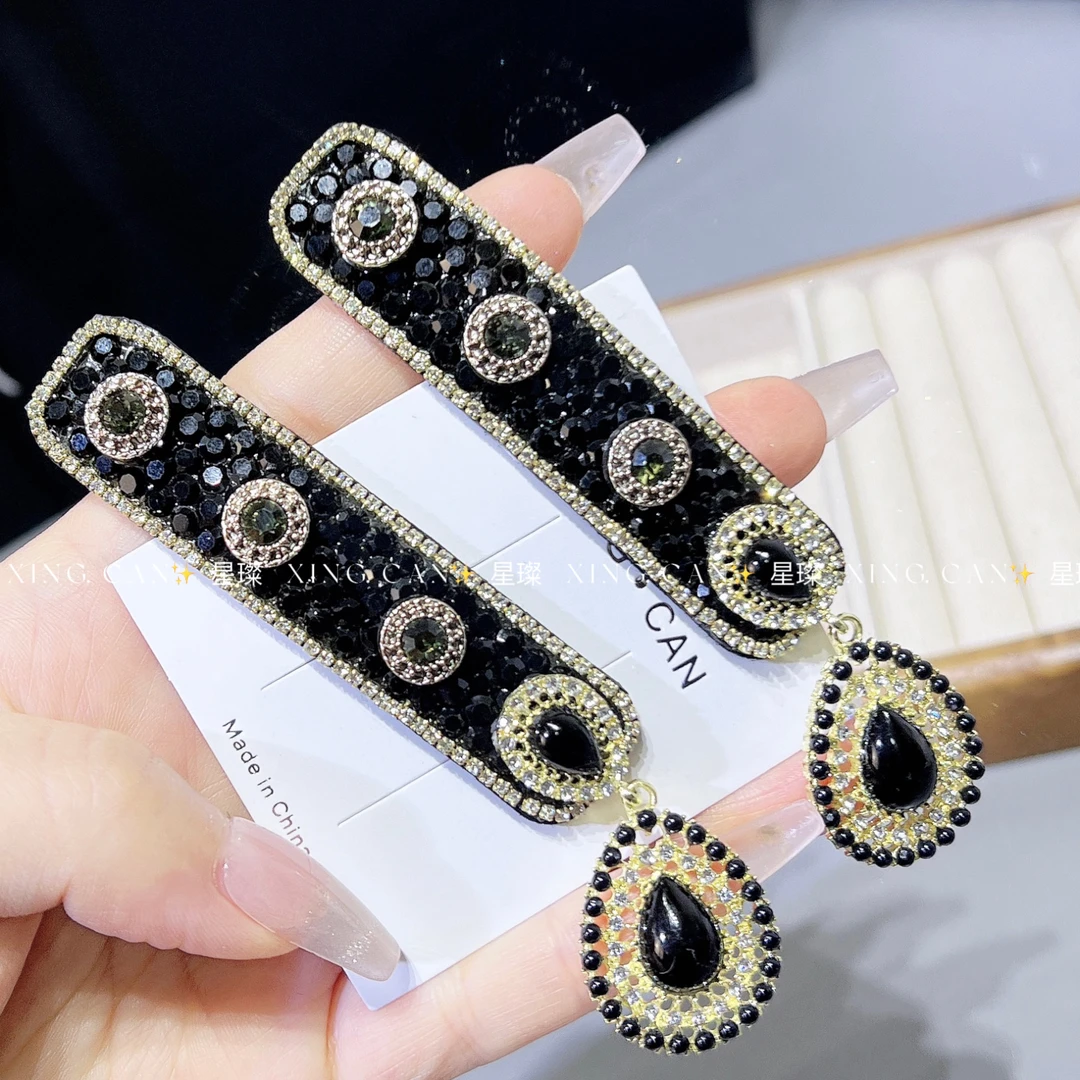 黑宝石流苏时尚气质满钻小香风对夹发卡女重工百搭边夹发夹侧边夹