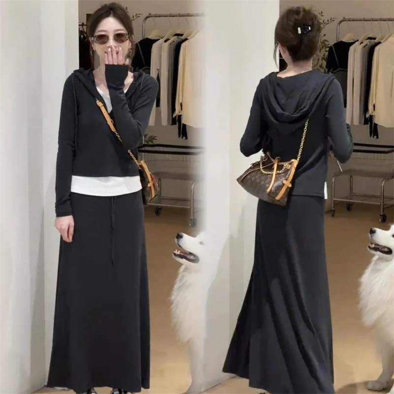 韩系慵懒风纯色假两件连帽卫衣高腰半身裙两件套套装女2025早秋款