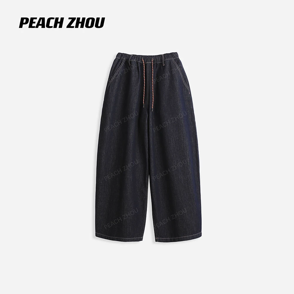 『PEACHZHOU』水洗丹宁明线Miu系抽绳宽松牛仔裤松紧腰阔腿长裤