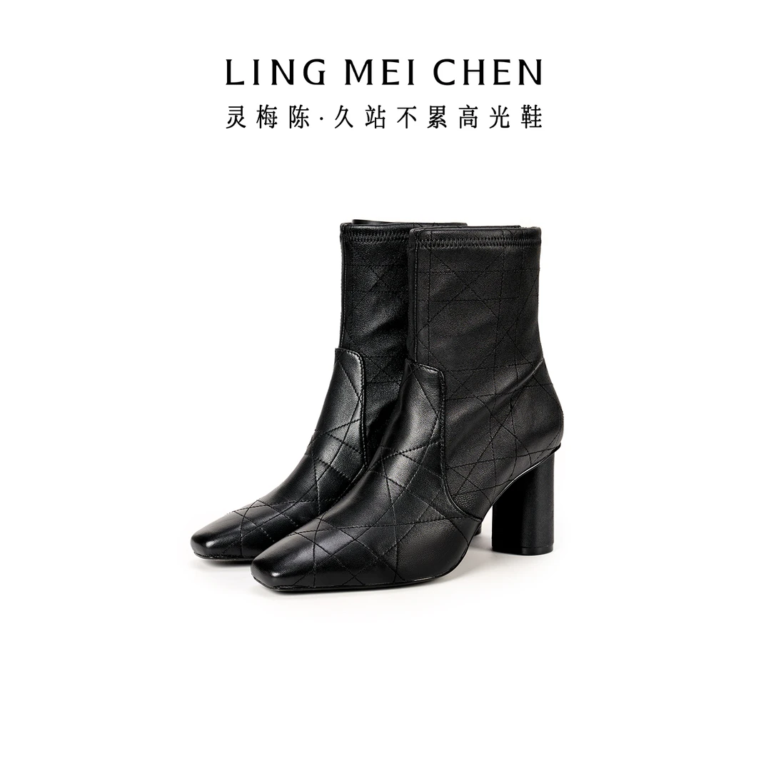 【羊皮系列】中方头绣线弹力靴秋冬百搭弹力粗跟方头新款洋气靴子