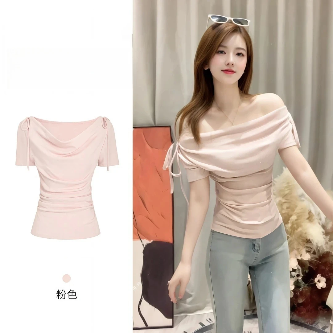 正肩系带独特纯欲风荡领修身显瘦短袖T恤女夏韩版别致设计感上衣
