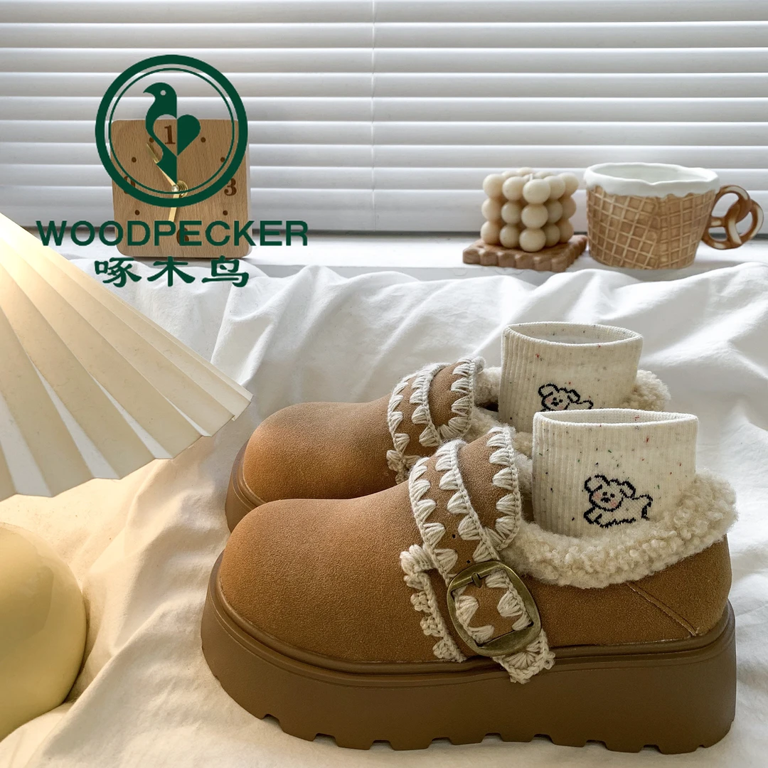 啄木鸟复古厚底刺绣勃肯鞋加绒雪地靴女2025新款秋冬低帮乐福棉鞋