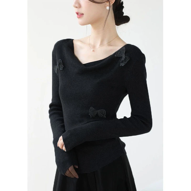 2025春季新款立体蝴蝶荡领针织衫女法式洋气时尚显瘦长袖打底上衣