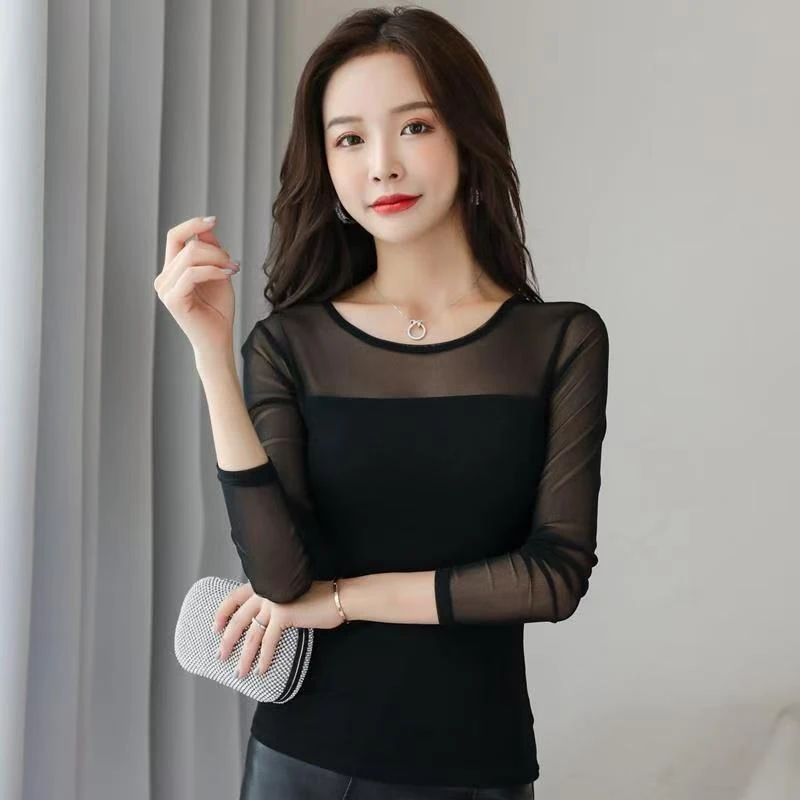 网纱打底衫女长袖T恤2024秋冬新款韩版圆领修身内搭网纱打底衫