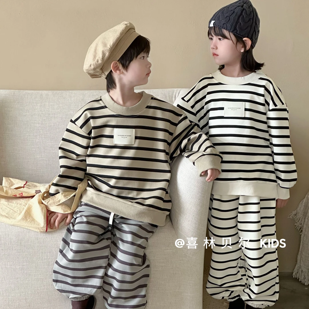 7A抗菌男女童条纹拼接时尚潮童卫衣卫裤韩版套装