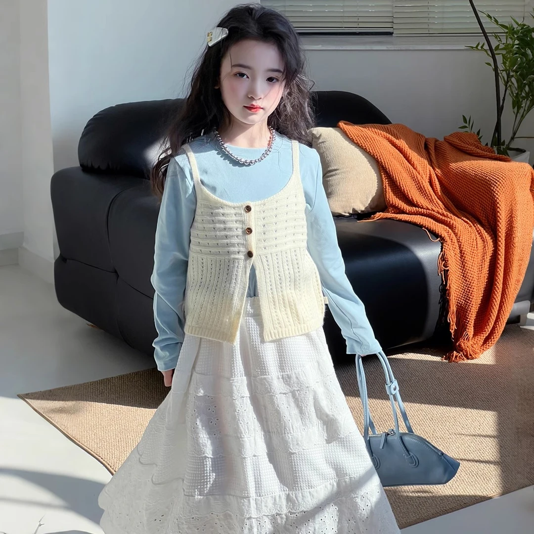 女童套装春秋2025新款洋气大童甜美公主风针织马甲秋季儿童三件套