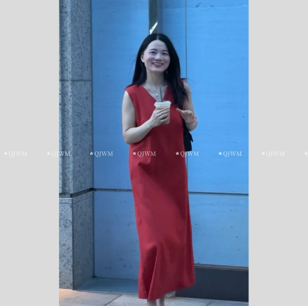 【夏末】QIANJIN 夏季中长款裙子苎麻无袖V领宽松显瘦气质连衣裙