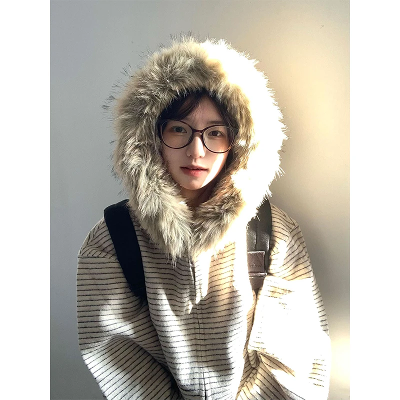 韩系毛领条纹卫衣男秋季美式复古休闲连帽开衫宽松慵懒风上衣外套