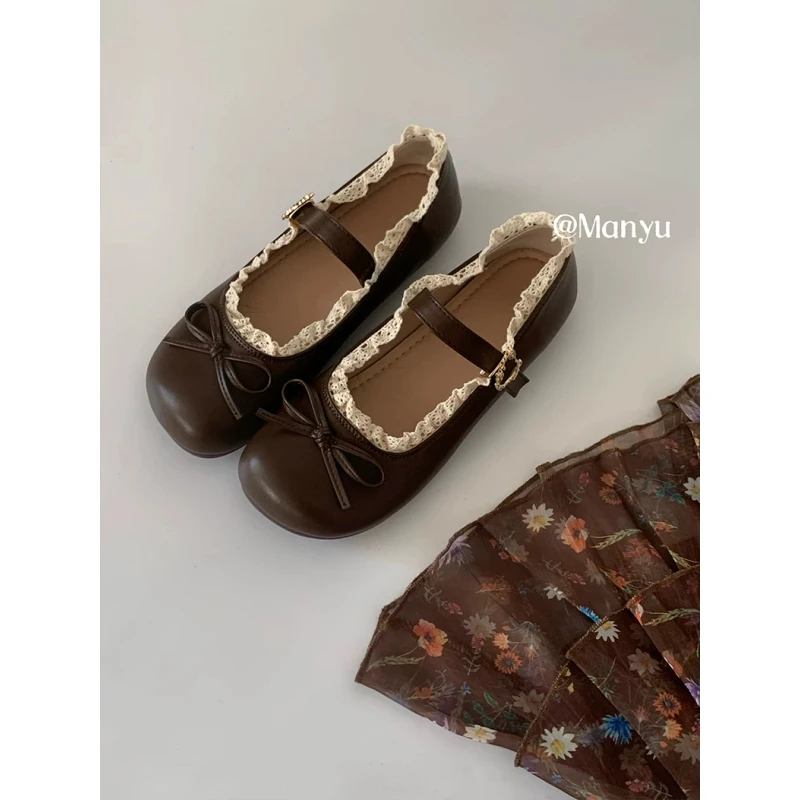 减龄蝴蝶结平底小皮鞋女款花边春秋可爱配裙法式圆头软底玛丽珍鞋