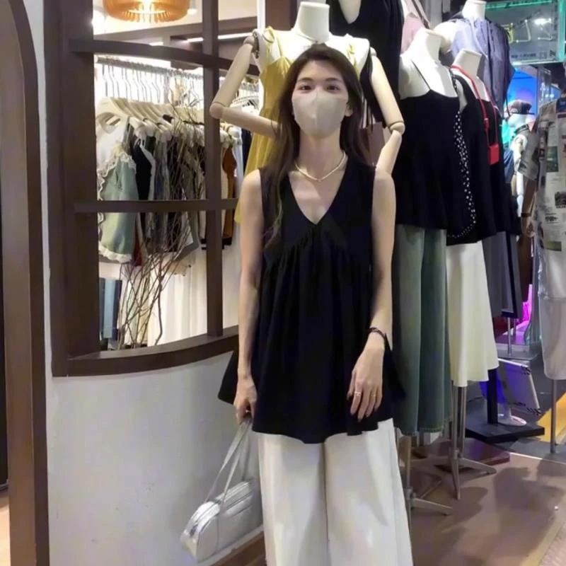 超好看中长款黑色背心女夏季2025新款设计感小个子无袖V领上衣服