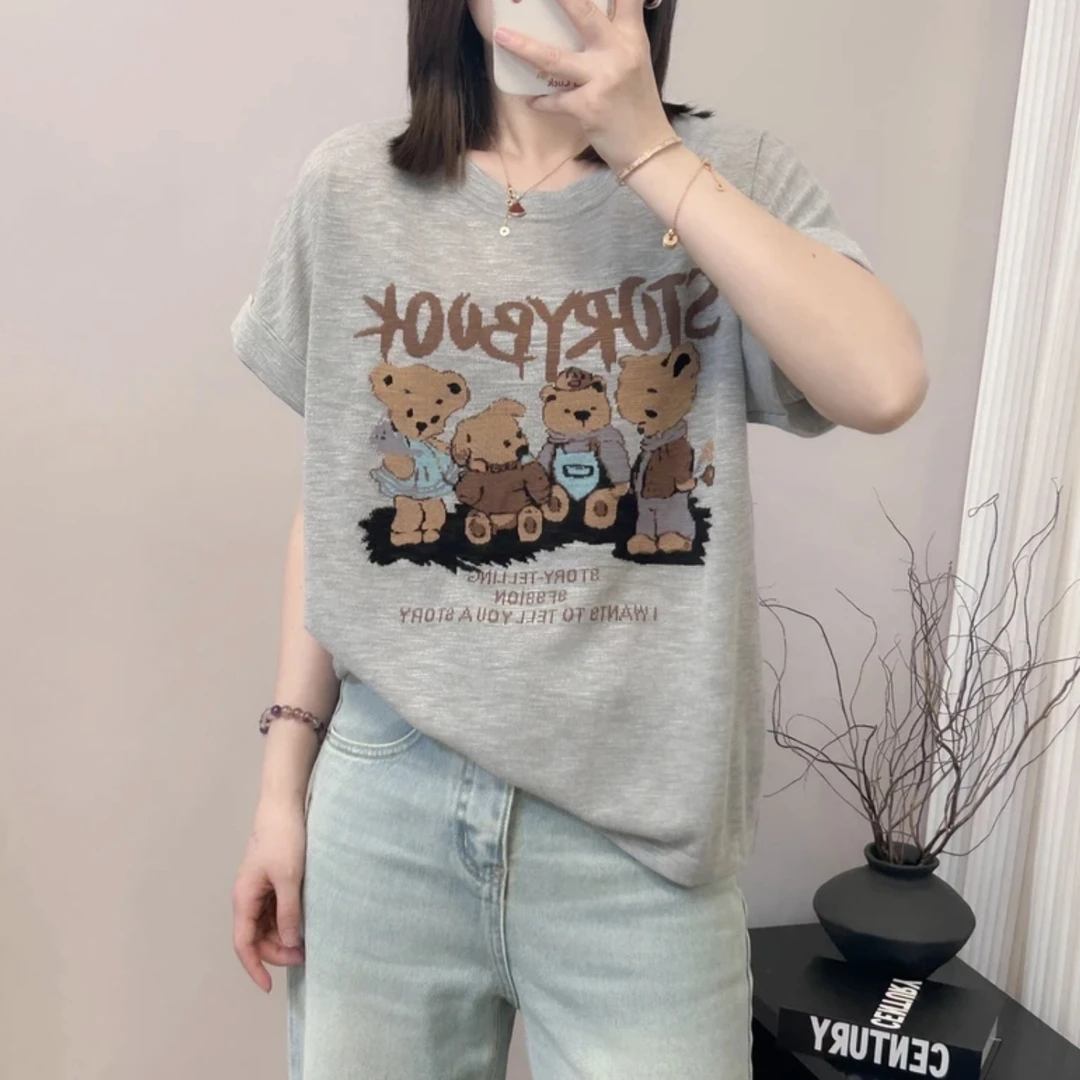四只小熊字母提花圆领轻薄飞飞袖短袖防晒夏季新款宽松韩版T恤