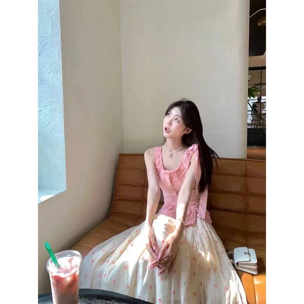 粉色背心上衣女装套装早春季2025年新款小清新波点半身裙子两件套