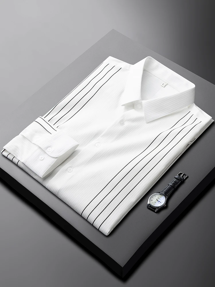 2025新款秋季男士高级感时尚条纹衬衫男长袖修身法式商务正装衬衣