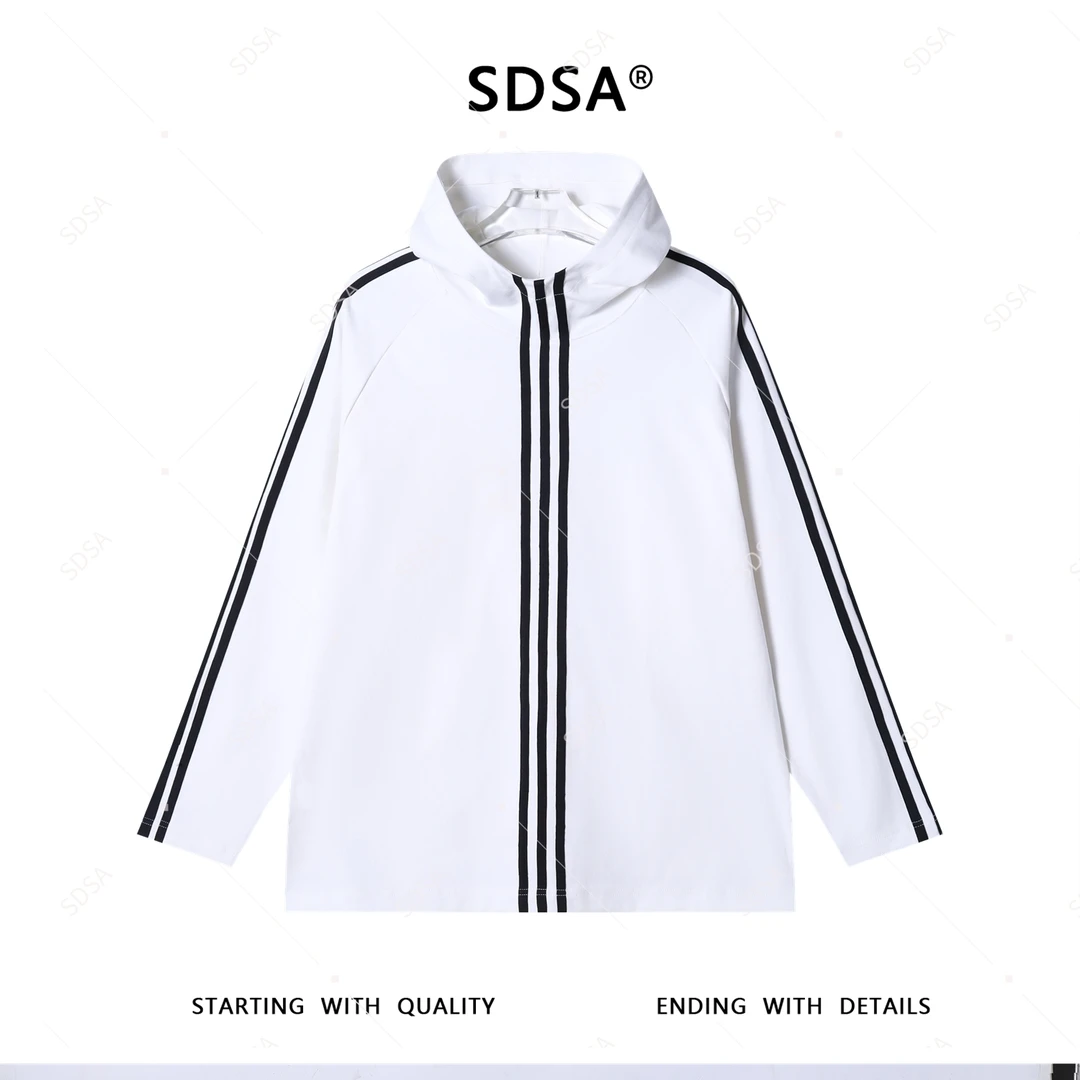 SDSA男士2025新款轻奢痞帅男装撞色3条杆设计长袖连帽T恤复古潮