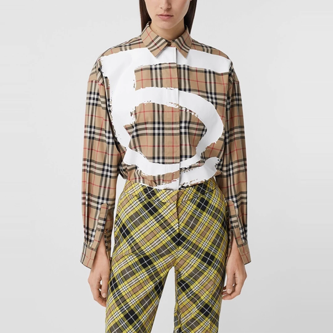 99新 BURBERRY/博柏利 3577印花满印格纹宽松长袖衬衫/36码/99新