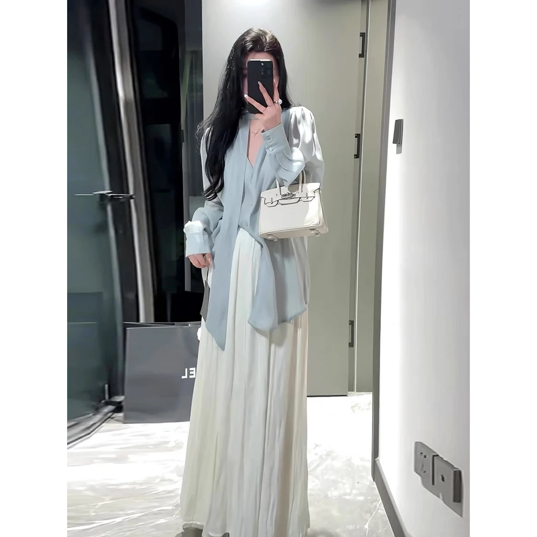 【慢慢壹店】法式小衫女高级感时尚气质V领飘带小众防晒衬衫8130