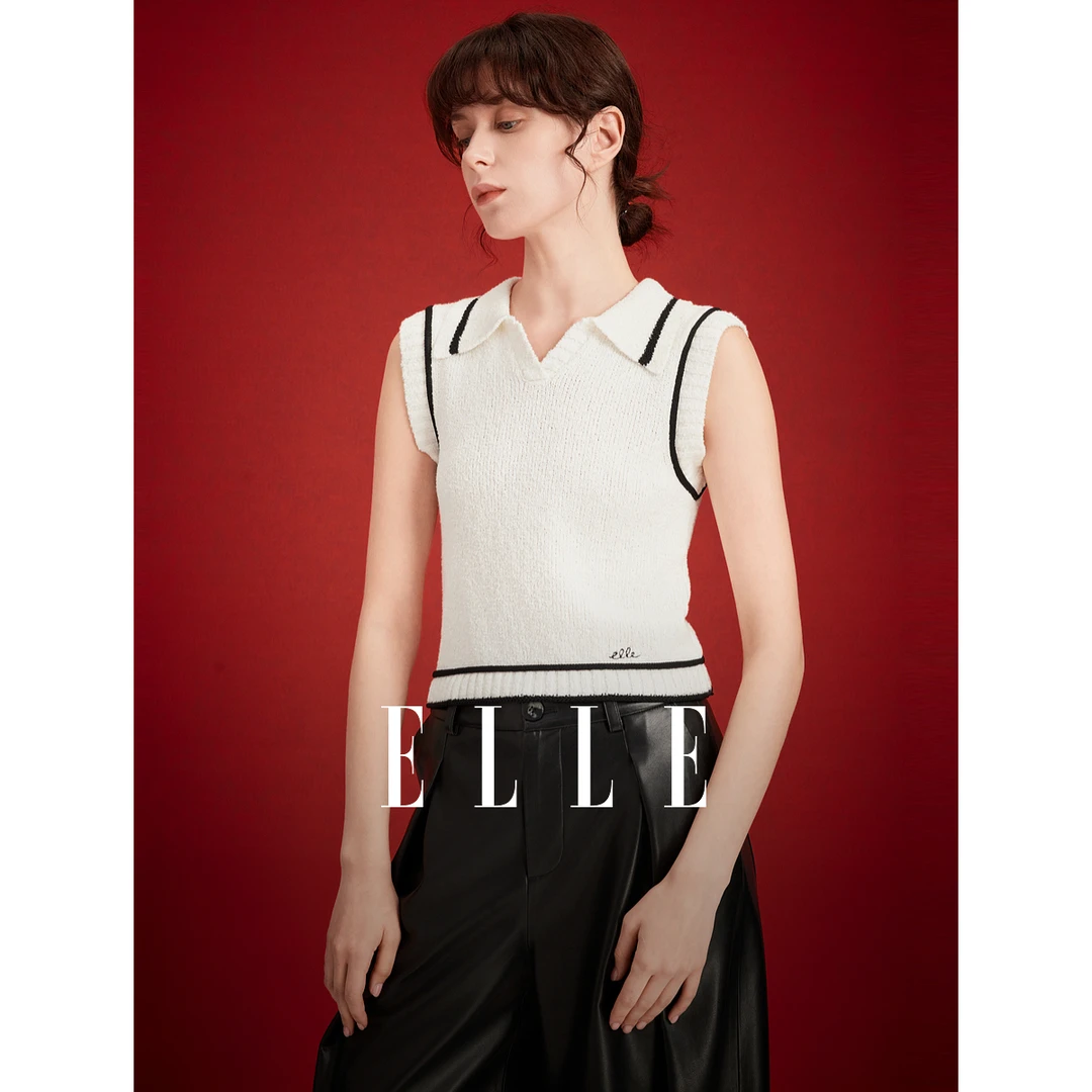 【新年系列】ELLE米白色撞色优雅翻领无袖针织衫女2025春新EZ40358