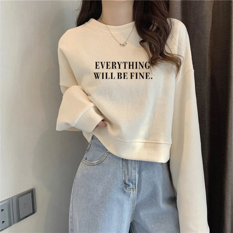 秋冬加绒小个子短款卫衣女韩版新款长袖套头高腰百搭上衣春秋外套